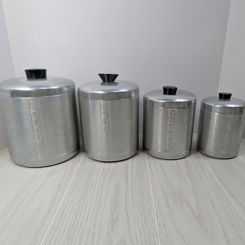 Metal Vintage Kitchen Canister Set black knobs 4 pc Coffee Tea Flour Sugar‎